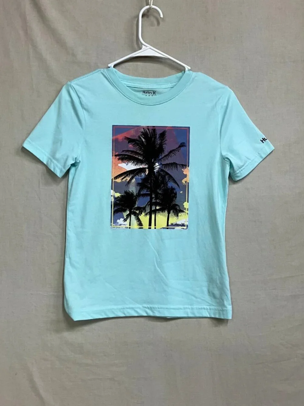Hurley 2 Piece Set Shorts Tee Boys Size Medium 10-12 Blue Aqua Palm Graphic